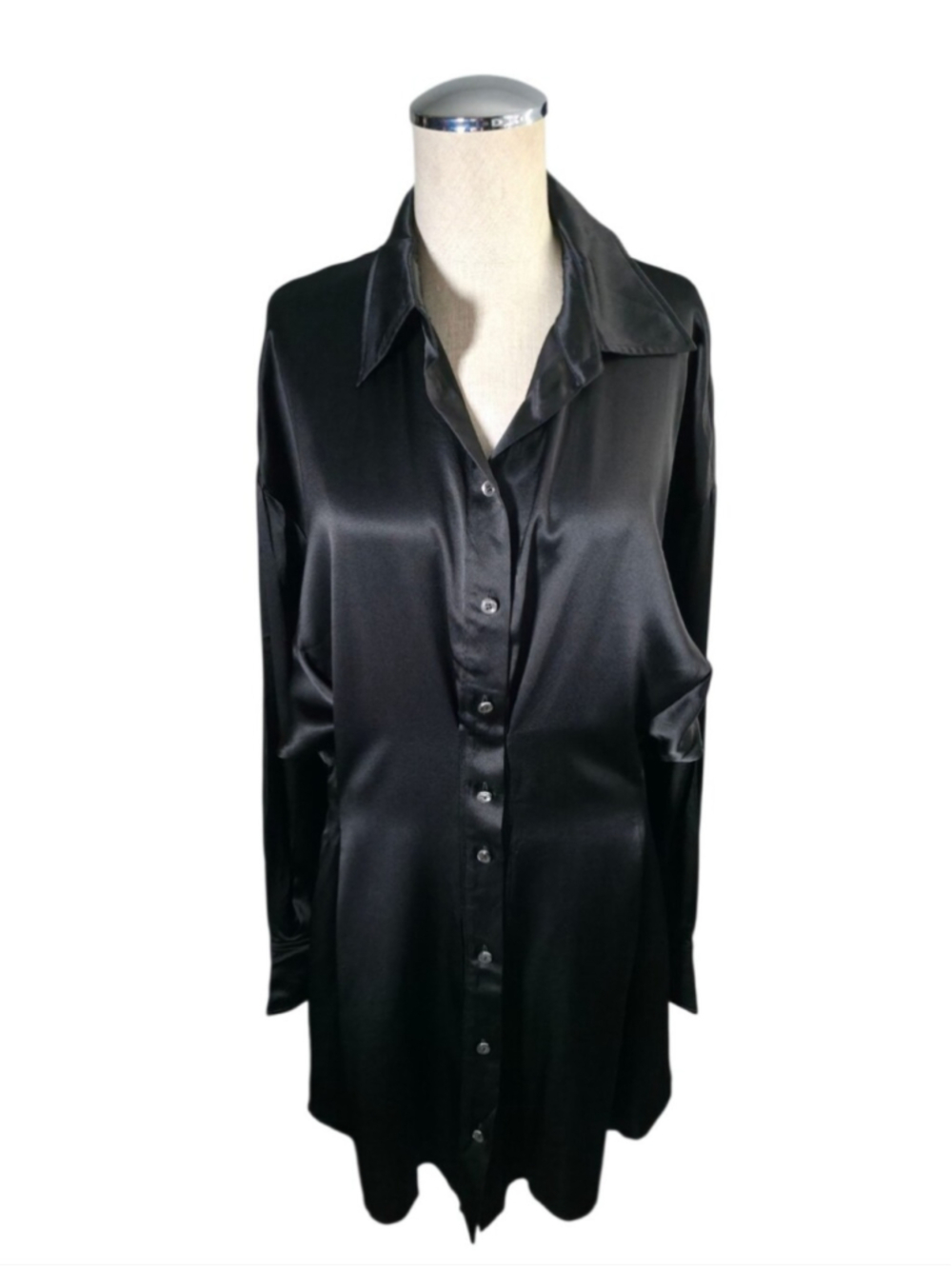 Manito Silk Shirt Dress Large Mulberry Silk Button Front Luxury Lounge Black